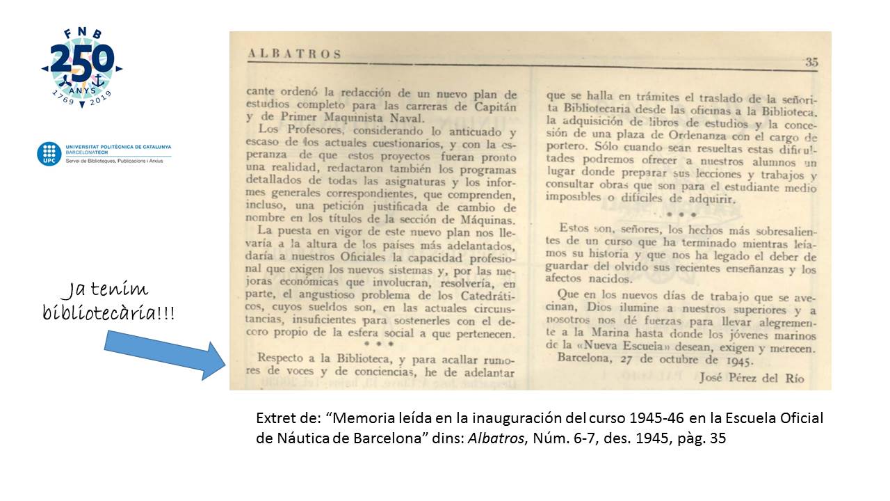 Notificació que hi haurà bibliotecària (Albatros, desembre 1945)