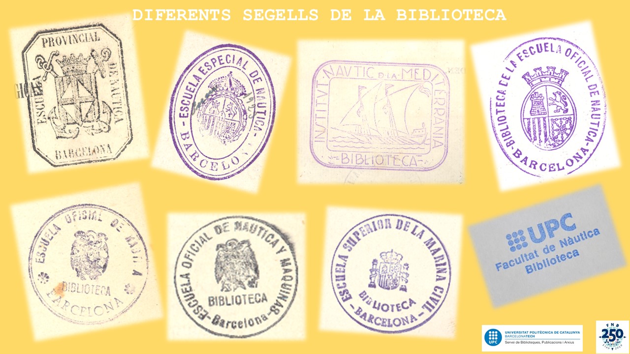 Diversos segells utitlitzats a la biblioteca FNB al llarg de la seva història