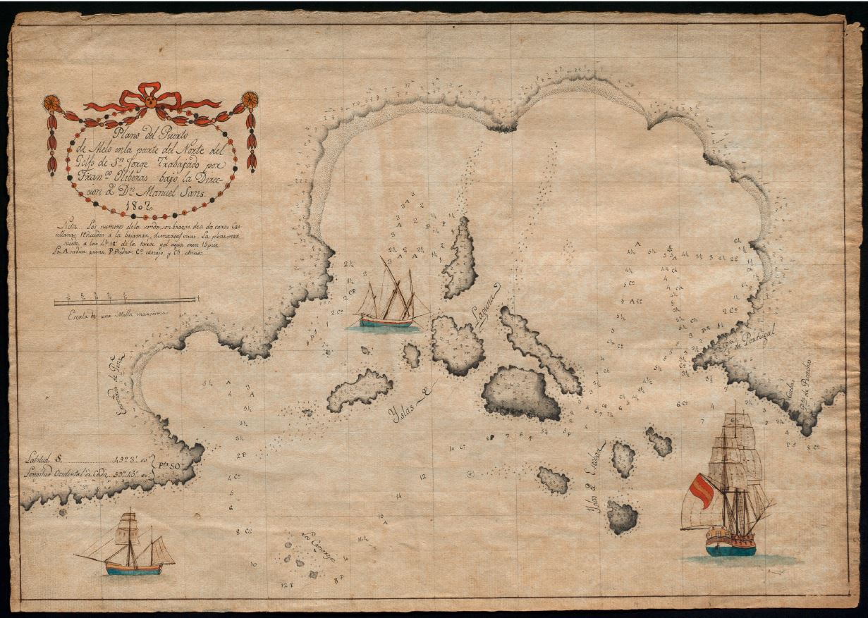 Plano del puerto de Melo en la parte del norte del golfo de Sn. Jorge [Document cartogràfic] / trabajado por Francisco Oliberas ; bajo la dirección de D. Manuel Sans