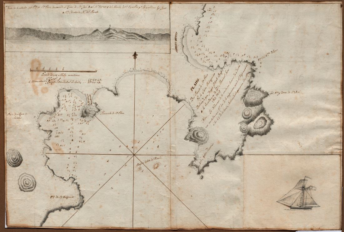 Vista de la entrada del puerto de Sta. Elena [Document cartogràfic] : demorando el seno de Sn José A. al N 54º 15' 0'' del mundo, distancia 3 1/2 millas por la mañana / delineado por Joseph Gibert ; bajo la enseñanza de Manuel Sans