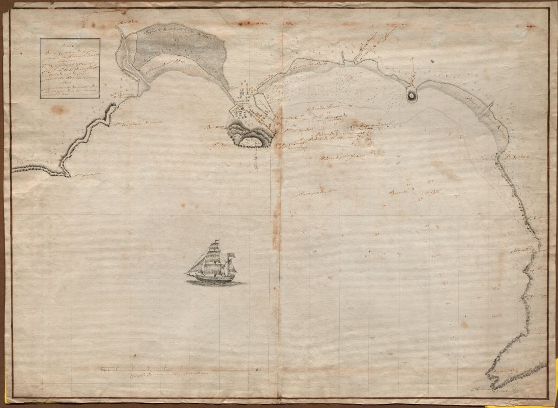 Plano de la concha de Gijona [Document cartogràfic] : situada la hermita de Sta. Catalina en la lat. N 43º 35' 19'' longitud 00º 41' 20'' orientada del meridiano de Cádiz / levantado por Jerónimo Nola